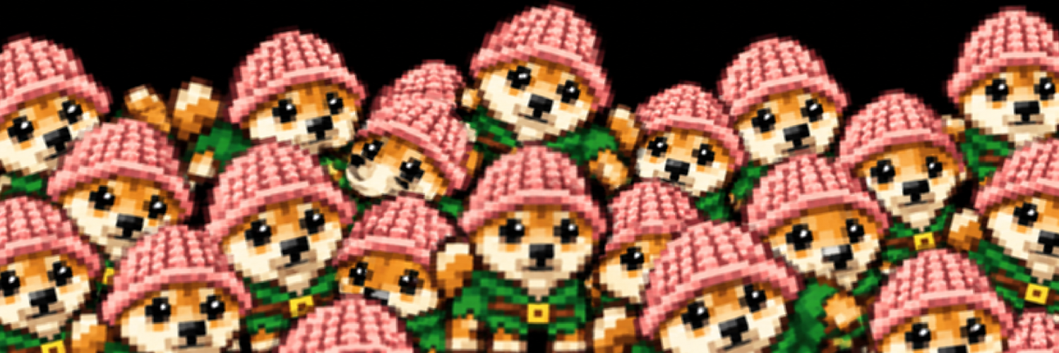 Many pixel RobinDogs stacked together in green Robin Hood outfits and pink hats