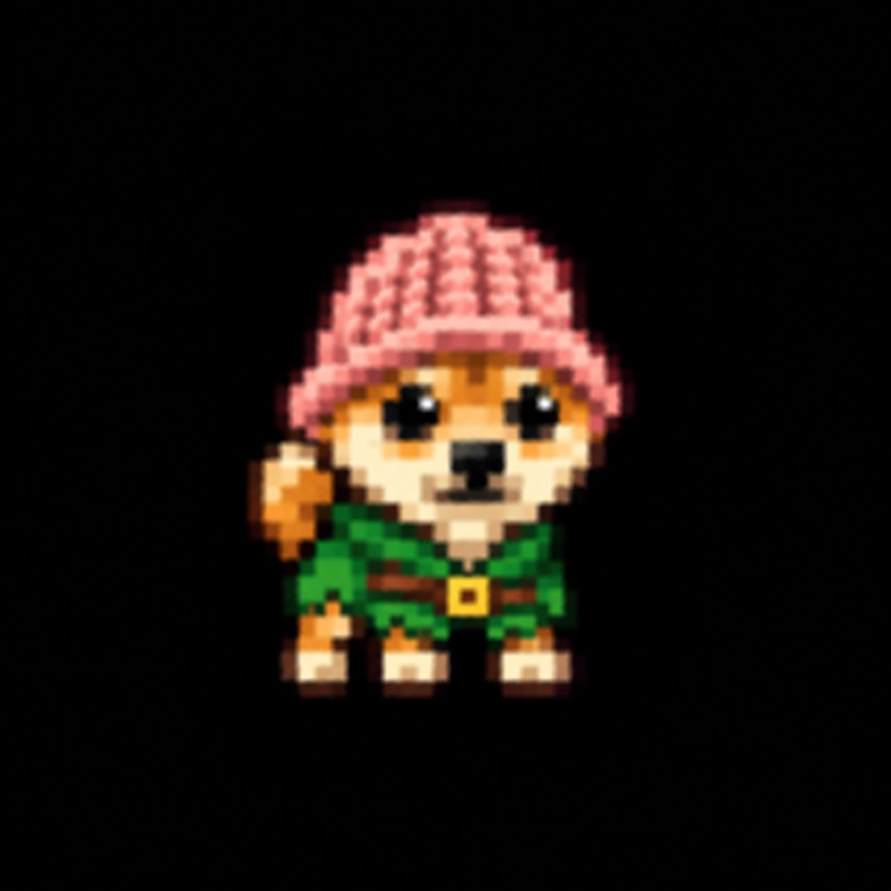 Pixel RobinDog wearing a green Robin Hood outfit and pink knitted hat